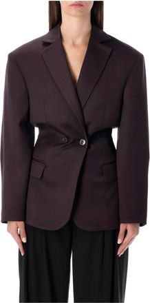 Magda Butrym Bordeaux Rood Getailleerd Jasje met Peak Revers - Dames - Blazers - Bruin - S - Leer - Jassen