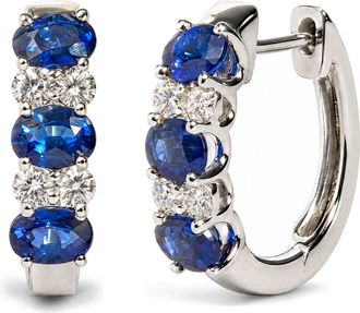 House of Brilliance 10K White Gold 1/4 Cttw Diamond and Oval Blue Sapphire Alternating Huggie Hoop Earrings