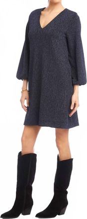 Karen Kane Blouson Sleeve Metallic Knit V-Neck Dress In Navy