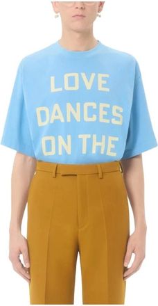Valentino T-Shirts, male, Blue, Size: M Cotton T-Shirt with Love Dances on the Abyss Print
