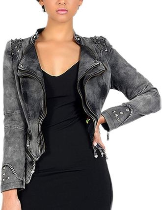 Dissa Women Grey Zip Up Denim Biker Jacket Studded Jacket,PA01,4XL