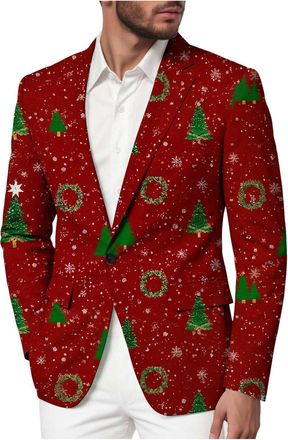 Generic Mens Holiday Party Blazer, Christmas Suit Jacket with Festive Patterns, Ugly Xmas Theme for Gatherings, Dinners, and Seasonal Events (Red 1, XL)