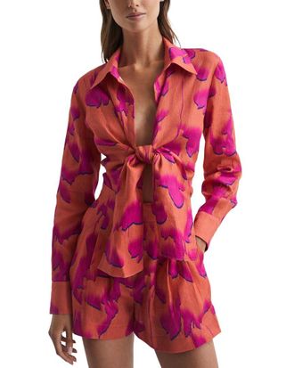 Reiss Corrine Tie Front Floral Linen Shirt