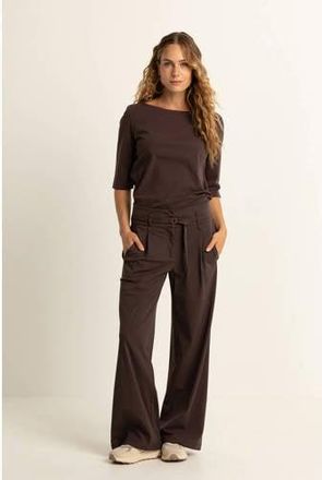 Expresso travelstof travelstof straight high waist broek donkerbruin