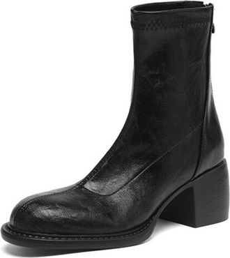 Generic Womens Round Toe Ankle Boots PU Leather Block Heels Back Zipper Retro Stylish Comfortable Non Slip Durable For Casual Daily Office Autumn Winter,Black