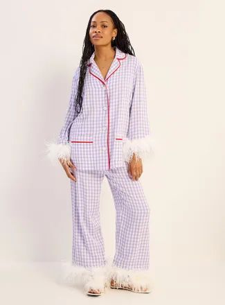 Sleeper Lilac and feather gingham pyjama set