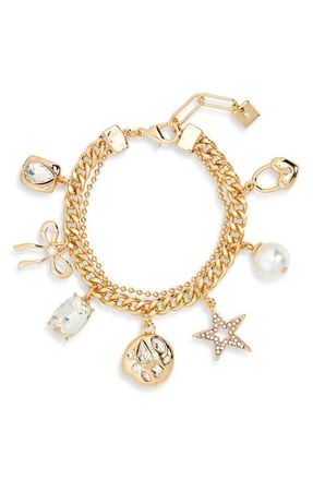 Open Edit Cultured Pearl & Crystal Charm Bracelet in Clear- White- Gold at Nordstrom