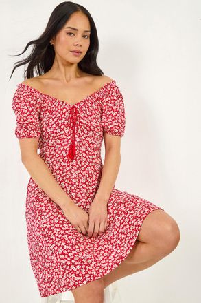 Roman Floral Tassel Tie Dress