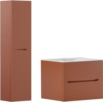 Vente-Unique Mueble de ba&ntilde;o suspendido con lavabo de encastre y columna - Estriado terracota - 80 cm - PAVANI