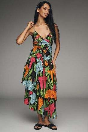 Farm Rio V-Neck A-Line Linen Midi Dress