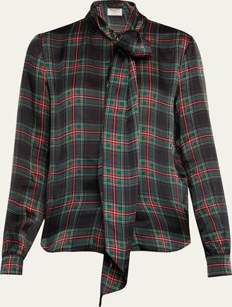 Saint Laurent Plaid Tie-Neck Silk Blouse