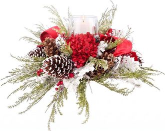 Creative Displays Inc. Handmade Christmas Holiday Candleholder With Hydrangeas & Snow-Tipped Pinecones