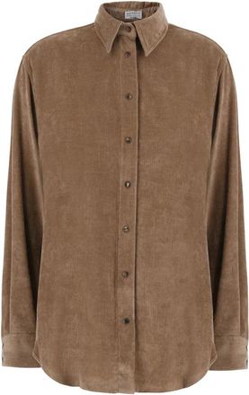Brunello Cucinelli Flu&iuml;de Corduroy Shirt met Monili - Dames - Overhemden - Bruin - S - Kasjmier - Overhemden