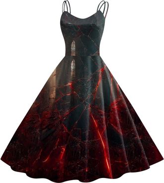 Generic Halloween Dress for Women Sleeveless Gothic Dress Women Rockabilly Retro 1950s Spaghetti Strap Swing A-Line Dresses Cocktail Party Evening Prom Gown H
