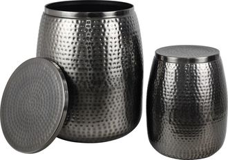 Happimess Merida Modern Rustic 2-Piece Hammered Metal Drum Storage Side Tables with Lids in Antique Nickel at Nordstrom