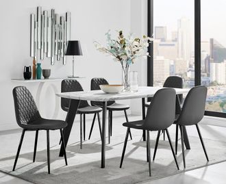 Furniturebox Andria White Marble Effect & Black Leg 6 Seater Dining Table & 6 Corona Faux Leather Chairs