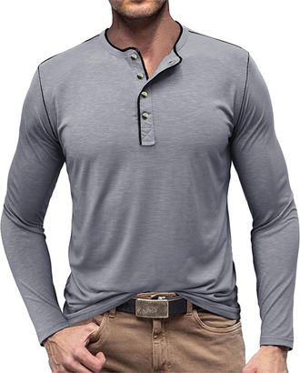 Generic Summer Tops Shirts for Men 2024 T Shirts Mens Fashion Spring and Autumn Casual Long Sleeve Button Solid Color Long Sleeve T Shirt Top Mens Workout Shi