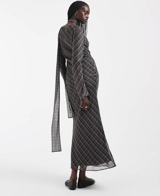 Asos vestito maxi in chiffon taglio sbieco con sciarpa coordinata a quadri-Multicolore