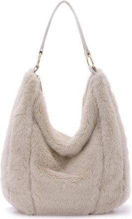 Generic Women Fluffy Shoulder Bag Faux Fur Soft Handbag Plush Furry Crossbody Bag(Beige)
