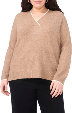 Vince Camuto Tipped Cross V-Neck Cozy Sweater in Taupe at Nordstrom, Size 1X