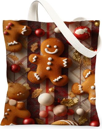 Generic Gingerbread Canvas Tote Bags, Vintage Holiday Pattern Reusable Grocery Bags, Lightweight Washable Shoulder Strap for Shoppi, Brown, 13x15 Inch