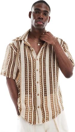 Only & Sons Only & Sons crochet shirt in beige with brown stripe-White