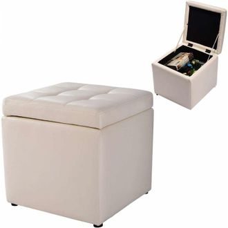 Costway Sgabello con Vano Portaoggetti Poggiapiedi in pu, capacit&agrave; di Carico Fino a 300 kg, 40 x 40 x 40 cm (Crema Bianco)