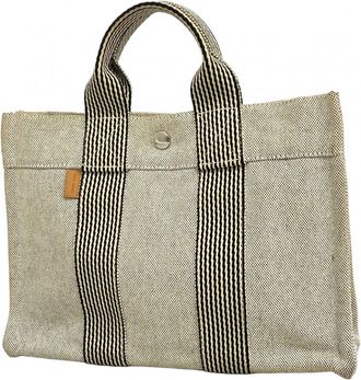 Herm&egrave;s Black Gray Canvas Tote Bag (Pre-Owned)