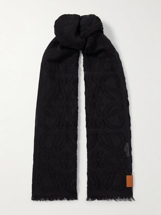 Loewe Foulard In Misto Lana E Seta Jacquard Con Frange - Nero