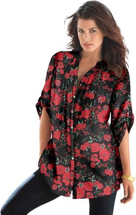 Roaman's Pintuck Tunic Blouse Y-Neck & Roll-Tab Sleeves in Red Peony Garden at Nordstrom, Size 38