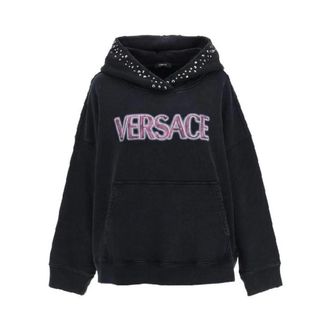 Versace Hoodies, female, Black, Size: 2XS Cotton Logo Sweatshirt