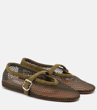 Alaia Fishnet suede-trimmed Mary Jane flats