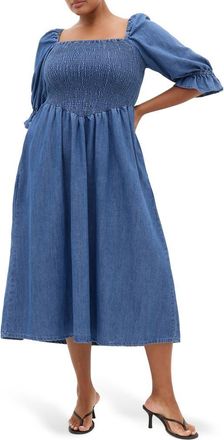 City Chic Kaitlyn Smocked Denim Dress in Mid Wash at Nordstrom, Size 14W