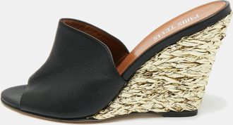 PARIS TEXAS Black Leather Deia Wedge Sandals