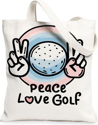 Generic Peace Love Golf Canvas Tote Bags, Stylish Golf Ball Design Reusable Grocery Bags, Lightweight Washable Shoulder Strap, White, 13x15 Inch