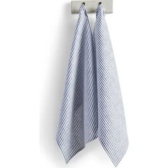 Solino Home Linen Kitchen Towels Set of 2, 17 x 26 Inch for Dining Table, Holiday and Everyday Table Decor - Narrow Stripe in Navy And White at