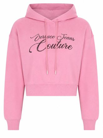 Versace Jeans Couture Cropped Cursive Logo Hooded Cotton Sweatshirt
