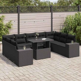 vidaXL Set De Sof&aacute;s De Jard&iacute;n Y Cojines 10 Pzas Rat&aacute;n Sint&eacute;tico Negro Vidaxl