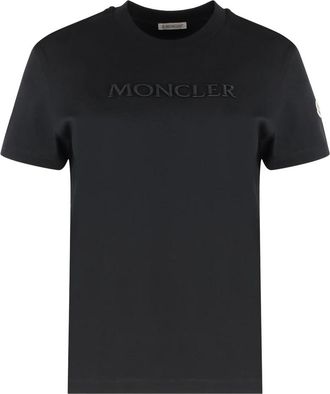 Moncler T-shirt met ribgebreide kraag en ronde hals - Dames - T-shirts - Zwart - S - Katoen - Tops