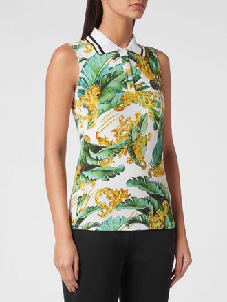 Plein Sport Sleeveless Cotton Polo Shirt with All-Over Baroque Print