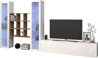 Dmora Dmora - Parete attrezzata Atella, Set salotto porta TV a 3 ante, Mobile soggiorno multiuso con vetrina e luce LED, 100% Made in Italy, cm 350x30h180