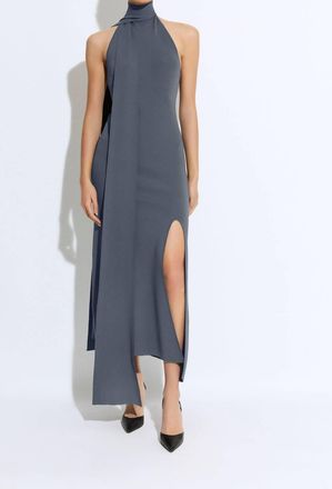 Sally Lapointe Matte Viscose Halterneck Dress In Grey/blue