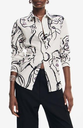 Desigual Faces Long Sleeve Button-Up Shirt in White at Nordstrom, Size Large