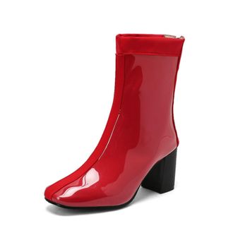 Generic Womens Square Toe Patent Leather Ankle Boots Chunky Heel Casual Booties with Side Zip,Red,6.5 UK