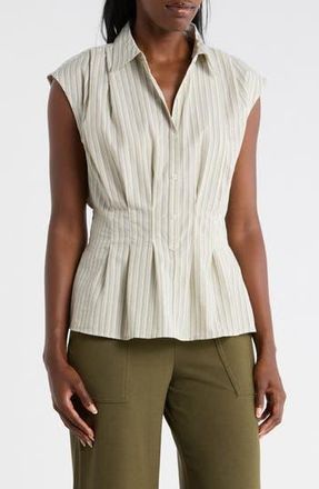 Max Studio Pinstripe Pleated Sleeveless Shirt in Mint Shadow Stripe at Nordstrom Rack, Size X-Large