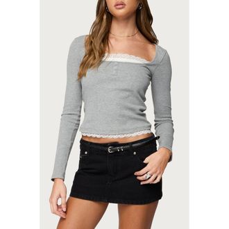 Edikted Joana Layered Lacy Henley Top in Gray-Melange at Nordstrom, Size X-Small