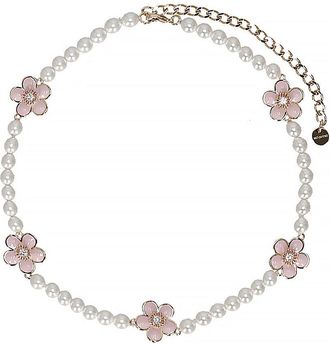 Self Portrait Floral Brass Necklace With Pearl String And Crystal Accents