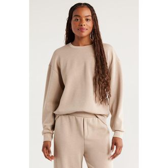 Zella Ultra Soft Boxy Crew Sweatshirt in Tan Kelp Heather at Nordstrom Rack, Size Large