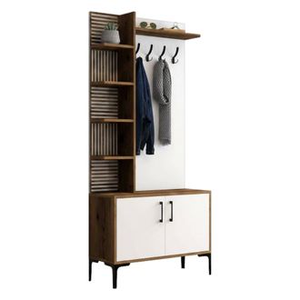 Dmora Muebles De Entrada Calista, Entrada Para Perchas, Composici&oacute;n Para Atrio, Consola De Almacenamiento Multifunci&oacute;n, 90x35h200 Cm, Nogal Y Blanco, Con Em