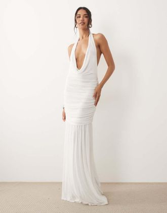 Asos Vestito lungo in rete color avorio con scollo profondo ad anello e vita scesa arricciata-Bianco